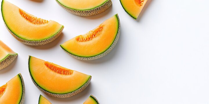 Fresh cantaloupe melon slices in a flat lay arrangement on a white background with ample copy space, showcasing vibrant orange and green colors.