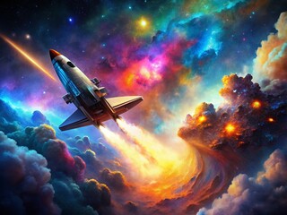 Cosmic Traveler: Lonely Spaceship in Vast Nebula - Stock Photo