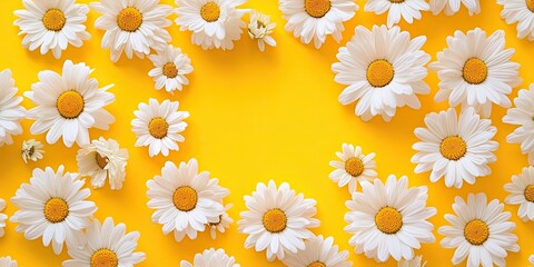 Triangular layout of vibrant white daisies on bright yellow background with ample space for text featuring subtle triangle shape for pride theme