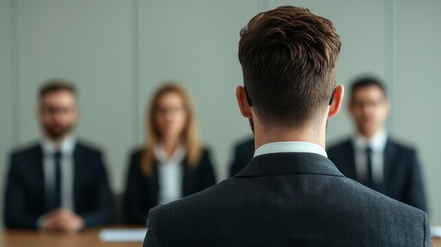 A candidate sits nervously facing a panel of interviewers in a professional setting, highlighting the tension of a job interview.