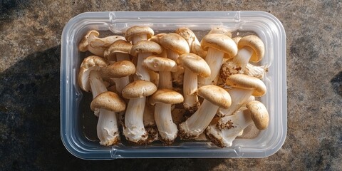 Fresh Shimeji mushrooms arranged in a clear plastic container with a rustic textured background natural light highlighting golden brown caps and stems. - obrazy, fototapety, plakaty