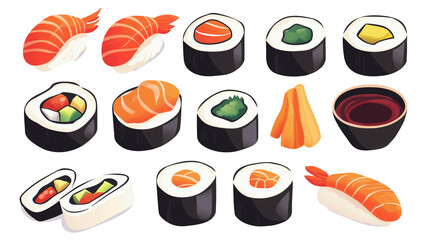 Set of hand drawn sushi rolls with soy sauce isolated on transparent background