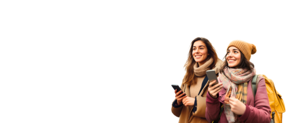 young beautiful smiling women during vacation trip isolated over white background; concept of ways to travel: exotic or historical urban tour destiny, useful mobile app 4 travellers; copy space