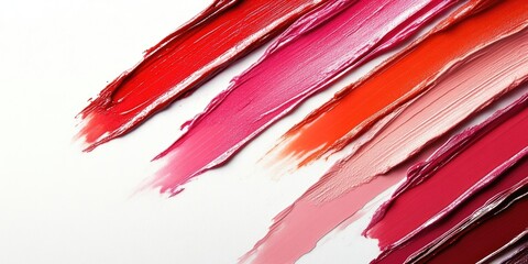 Vibrant lipstick swatches in shades of red, pink, and coral against a soft white backdrop, arranged diagonally for an appealing flat lay.