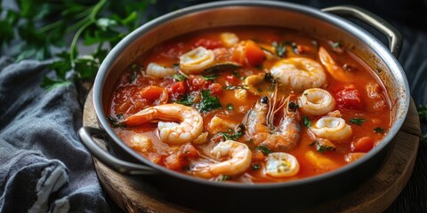 Seafood stew with shrimp and calamari in a silver pot, garnished with herbs and vibrant orange tomatoes on a dark wooden surface.