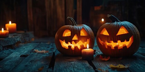 Obraz premium Halloween pumpkins with flickering candlelight on a rustic wooden background featuring warm orange hues, creating a cozy spooky atmosphere.