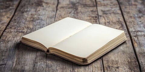 Fototapeta premium Open blank notebook on rustic wooden table with subtle blurred background showcasing ample copy space for text and design elements.