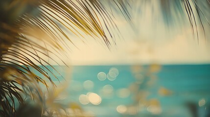 Tropical palm leaves, bokeh sunlight ocean view, beachy background decor