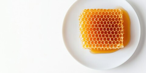 Fototapeta premium Top view of a golden honeycomb with honey on a white plate against a bright white background with ample space for text on the right side
