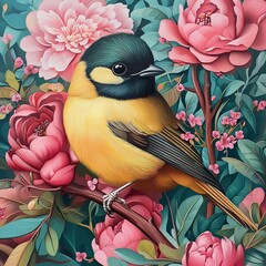 Yellow Bird in a Pink Flower Garden