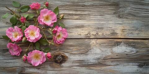 Fototapeta premium Pink roses with green leaves arranged on textured wooden background showcasing natural beauty and rustic charm in a horizontal layout.