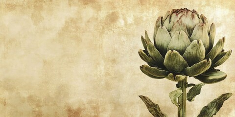 Fototapeta premium Vintage paper background with muted beige tones featuring a detailed artichoke on the right, soft textures enhancing the rustic feel.