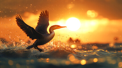 Obraz premium Cormorant Bird in Flight Over Water at Sunrise with Golden Light
