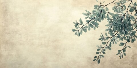 Textured vintage paper background with soft beige tones and a subtle overlay of Acacia cyanophylla leaves in green hues on the right side