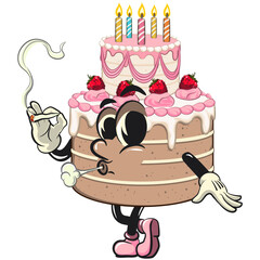 cute birthday and weading tart cake cartoon character mascot smoke calmly, work of hand drawn
