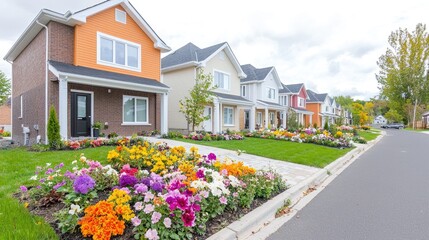 Colorful houses, flowers, suburban street, new development, real estate