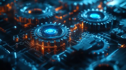 Futuristic Circuit Board Art, Blue Orange Lights, Sci-Fi, Cool, Modern, High-Tech, Detailed, Abstract, Vibrant Colors