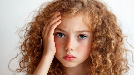 Fototapeta premium Girl with Curly Hair Scratching Her Head in Thought