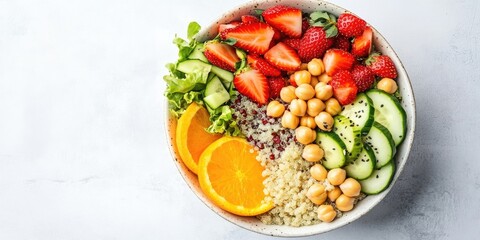 Colorful vegan lunch bowl with quinoa avocado cucumber strawberries chickpeas and oranges arranged in sections on a white background horizontal view