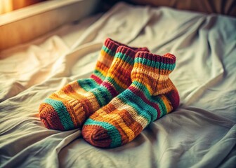 Cozy Knit Socks on a Soft Bed – Close-Up Stock Photo