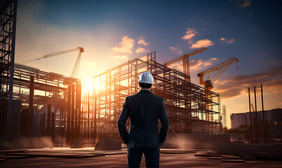 Civil engineer standing in front of an industrial building under construction.