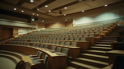 Large lecture hall with tiered seating, neutral tones, and soft spotlighting. Designed for presentations or educational talks.