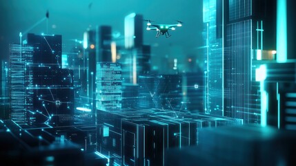 Futuristic Cityscape with Drone