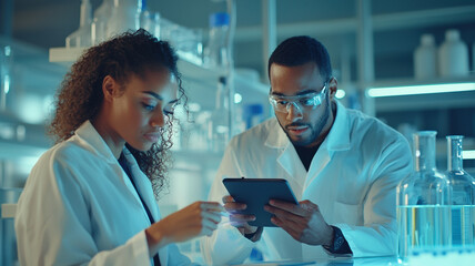 A diverse research team in white lab coats collaborates in a modern lab, discussing findings with test samples and a tablet, under bright, focused lighting.