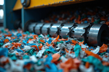 Sharp metal cutter blades of a roller shredder machine cutting and grinding collected plastic trash into smaller tiny bits to be process during recycling to help reduce waste and pollution. Closeup.