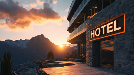 Modern hotel at sunset with mountain views and contemporary architecture