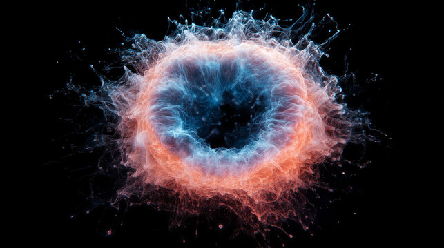 Abstract energy burst with colorful swirling patterns on black background, cell, microorganism, biology 