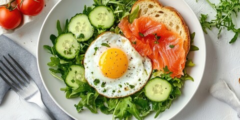 Nutritious breakfast plate with fresh greens cucumbers fried egg and salted salmon on white dish topdown view vibrant colors arranged neatly