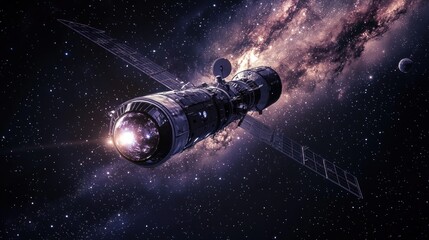Fototapeta premium Satellite in Deep Space with Nebula Background Exploring the Universe