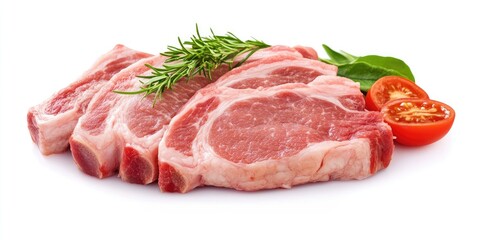 Fresh raw pork chops arranged on a white background with green rosemary sprigs and cherry tomatoes on the side for a vibrant presentation