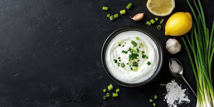 Bowl of creamy yogurt topped with green onions and garlic, lemon halves beside, silver spoon and salt, arranged on black surface flat lay. - Powered by Adobe