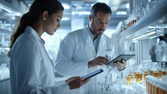 A diverse research team in white lab coats collaborates in a modern lab, discussing findings with test samples and a tablet, under bright, focused lighting.