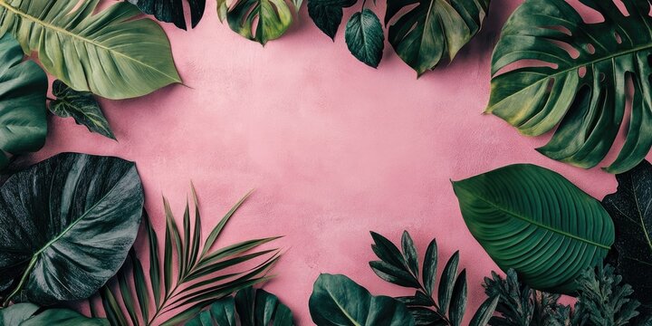 Tropical leaves composition on pink backdrop with central empty space for text Dark green and light green foliage arranged in a flat lay style