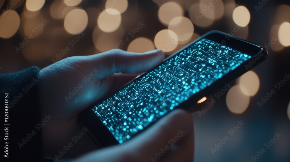 Aufkleber close-up of a person holding a smartphone displaying a glowing digital matrix against a blurred back