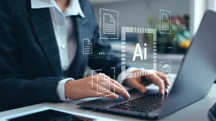 Professional person in formal attire using laptop with AI