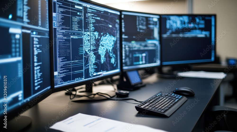 Poster Multiple Computer Screens Displaying Data Visualizations and Network Information in a Modern Office Environment for Technology and Cybersecurity Industry