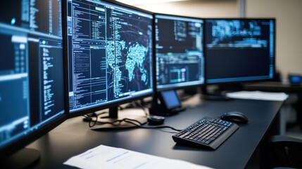 Naklejka premium Multiple Computer Screens Displaying Data Visualizations and Network Information in a Modern Office Environment for Technology and Cybersecurity Industry