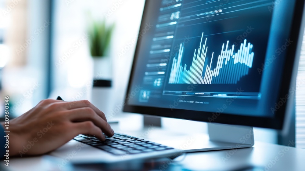 Poster Professional analysis of financial data on a modern desktop computer, showcasing digital graphs and charts for effective data visualization and decision making in business.