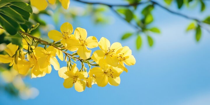 Vibrant golden yellow blossoms of a Cassia fistula tree against a clear blue sky with lush green leaves in soft focus background. - Powered by Adobe