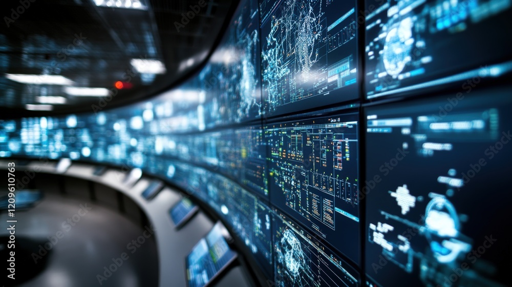 Aufkleber Futuristic Data Center with Digital Displays Showing Cyber Security Metrics, Global Networks, and User Analytics in a High-Tech Command Center Environment