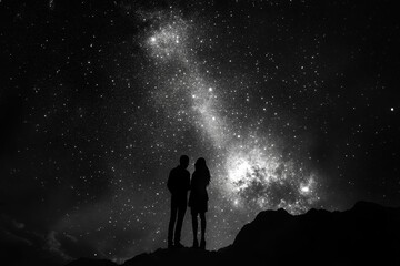 Silhouetted couple under a stunning star filled sky.
