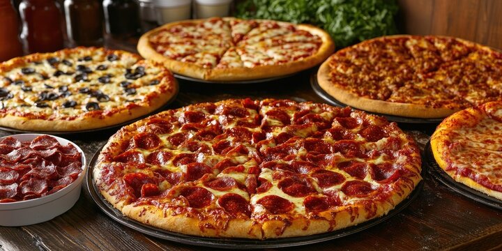 Variety of delicious pizzas arranged on a wooden table with pepperoni, veggie, and meat options garnished with green herbs in the background