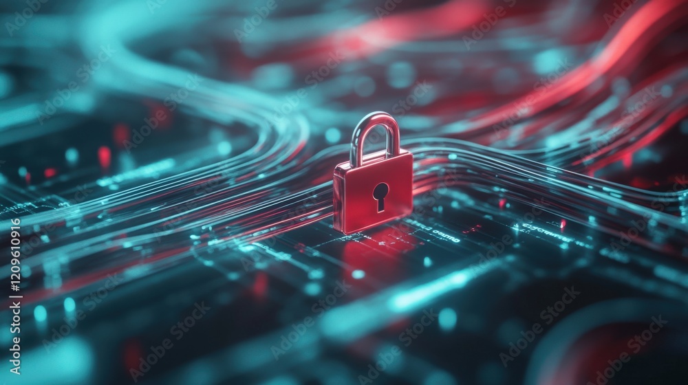 Poster Red and Blue Digital Circuit Background with a Metallic Lock Symbolizing Cybersecurity and Data Protection in a Modern Technological Environment