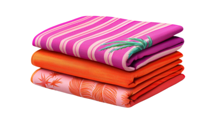Colorful stacked beach towels in vibrant shades, perfect for summer days by the pool or beach.