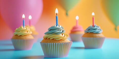 Colorful cupcakes with blue and pink swirled frosting topped with candles on a bright turquoise surface with pastel balloons in the background.