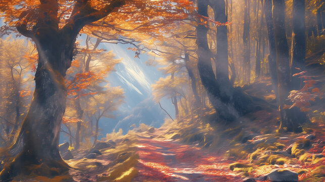 An autumn forest scene with a path leading into sunlight. This serene image is an example of uploaded stock content from this website